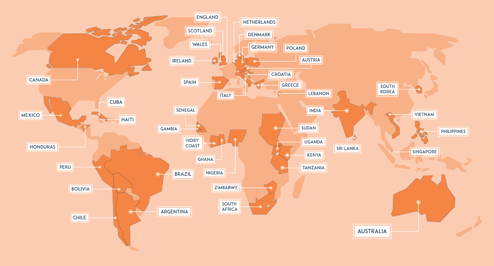 Map showing 42 nations from which CWCIT has welcomed conference/guest speakers