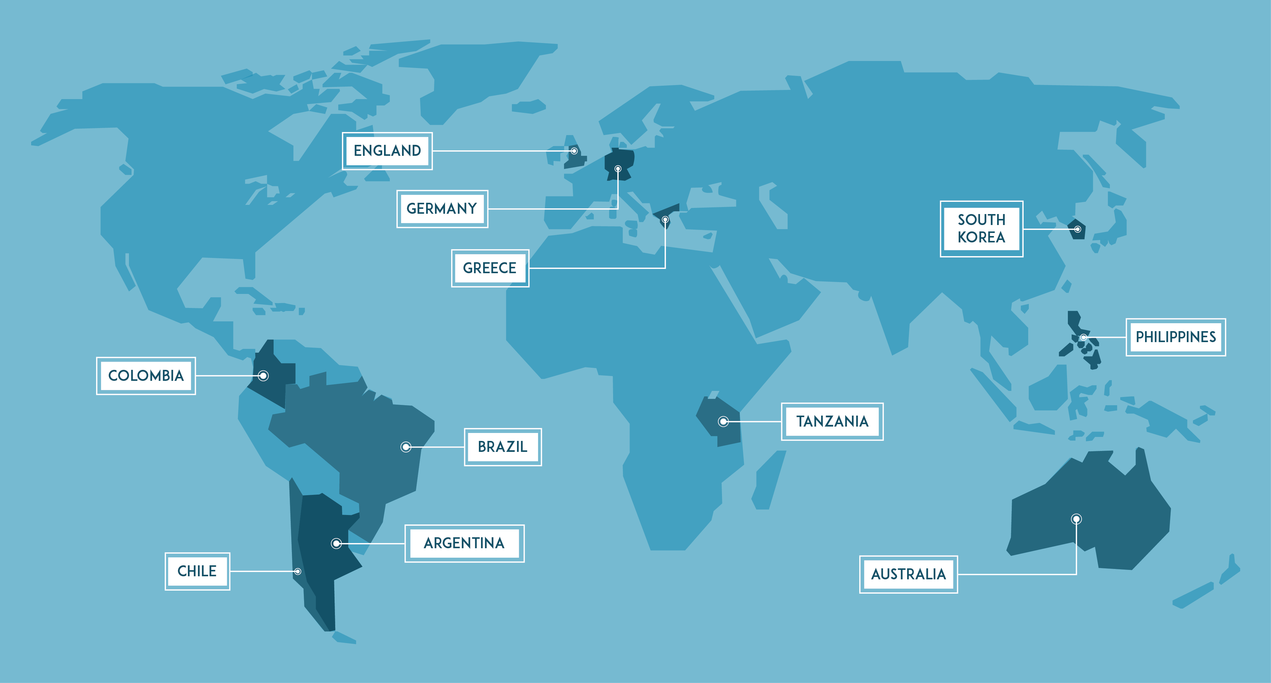 Map showing 12 countries that are home to CWCIT visiting scholars